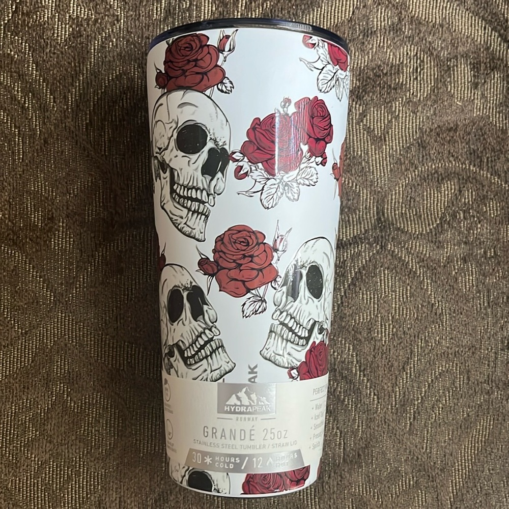 NWT Limited Edition Hydrapeak Grande Skull & Rose Tumbler with 2 Straws- 25oz